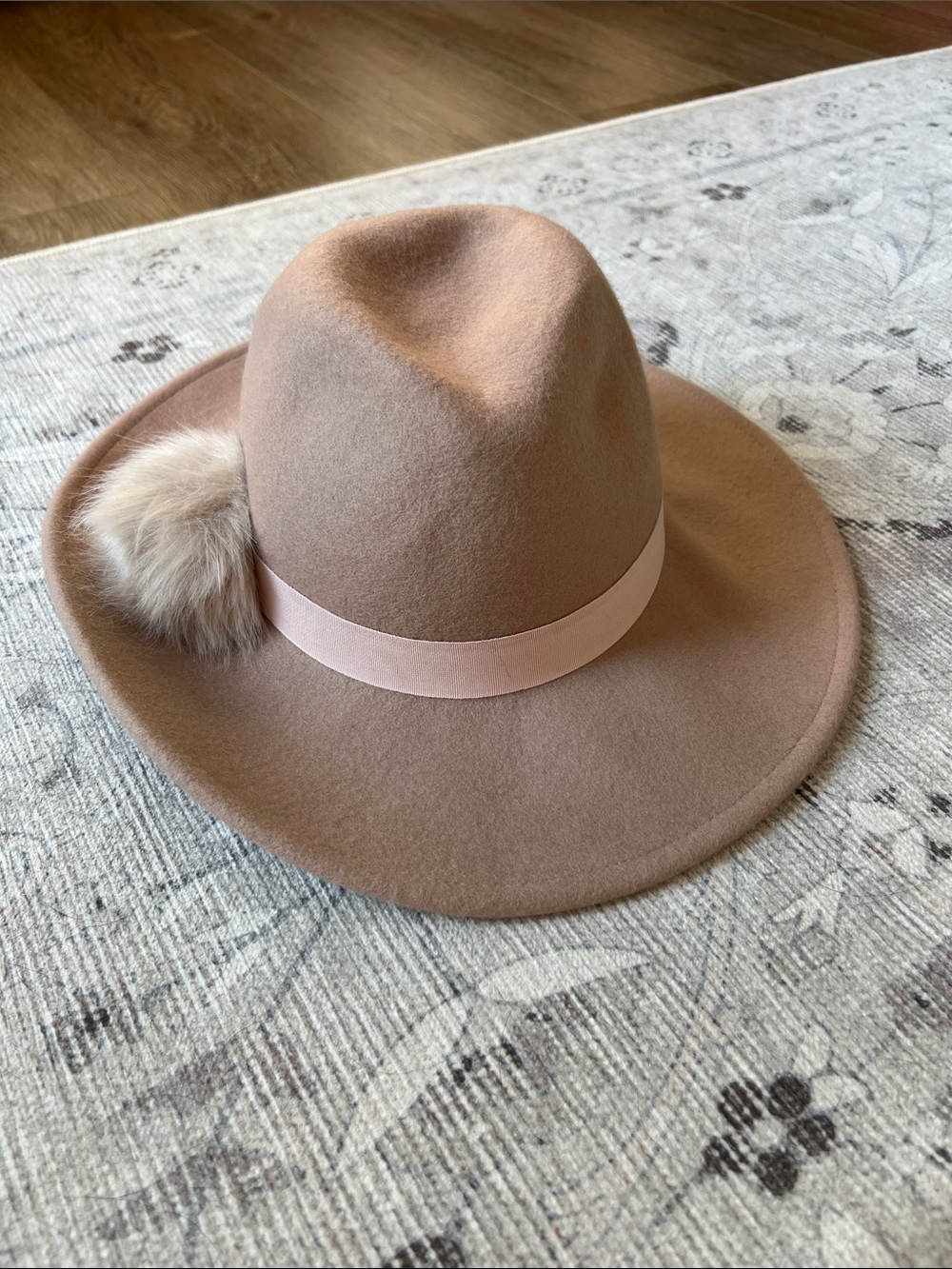 a new day Blush Pink Wide Brim Wool Felt Hat with Pom